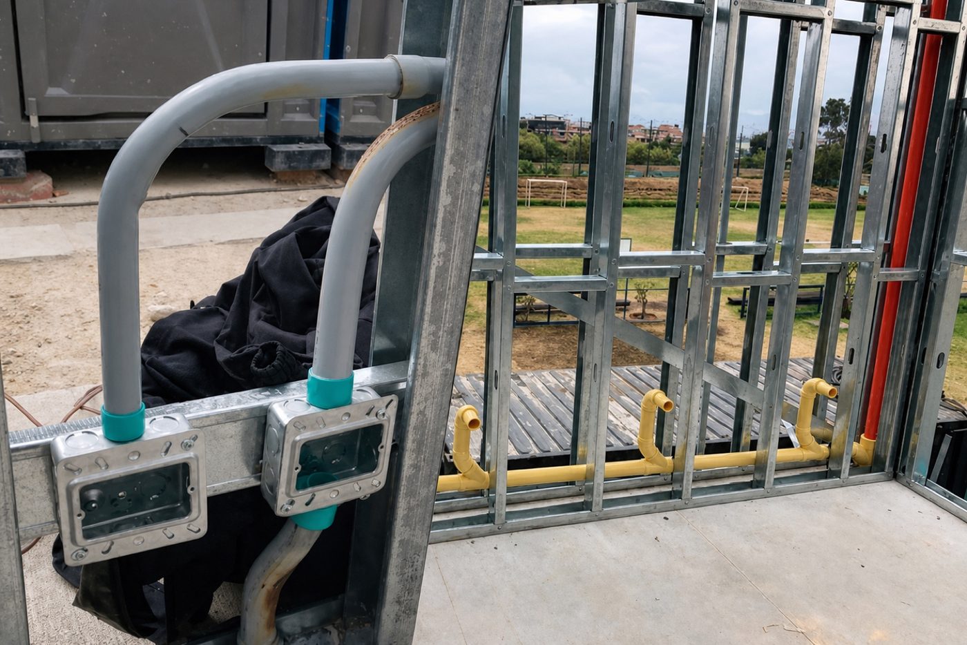 Redes húmedas y secas instaladas dentro de la estructura de un edificio en steel framing